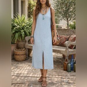 NWT Mavi June Light Soft Denim Maxi Dress Sleeveless Front Slit Blue Size S